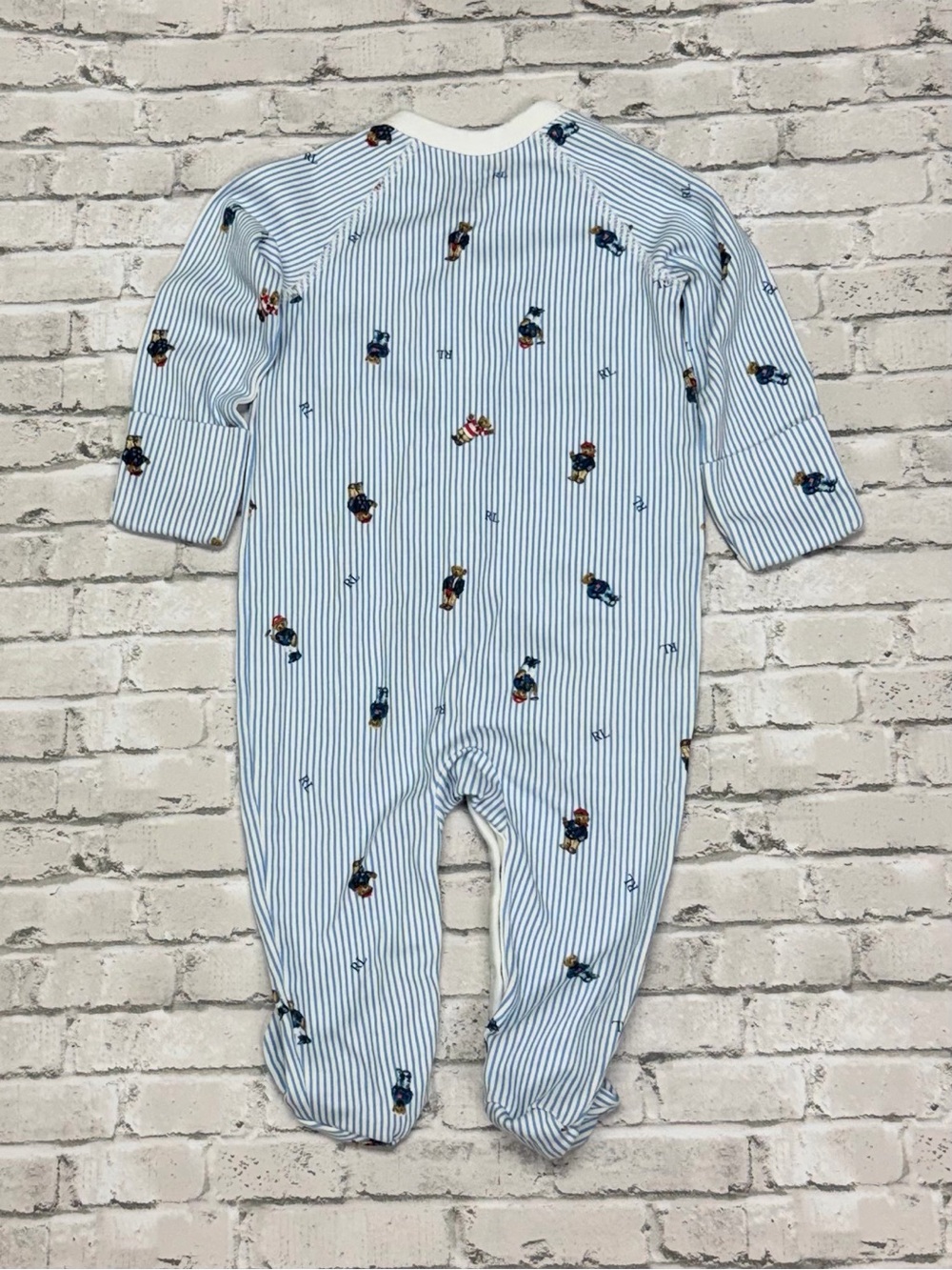 Ralph Lauren Baby Polo Bear Footie Sleeper 6M Layette Blue Stripe 100% Cotton - Picture 2 of 3